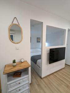 een slaapkamer met een bed en een televisie en een spiegel bij A deux pas mer et falaises in Mers-les-Bains