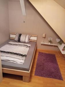 a bedroom with a bed and a purple rug at Ferienwohnung Hoppe 2 in Pattensen