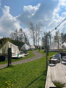 een groep tenten in een veld met een houten terras bij Glamplodge met privé sanitair in Blesdijke