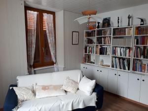 een woonkamer met een witte bank en boekenplanken bij Appartement La Roche sur Foron in La Roche-sur-Foron