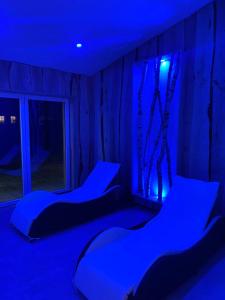 ein Zimmer mit zwei Betten und blauen Lichtern in der Unterkunft Lerchenhof Reestow - Ruhige Premium Apartments & Sauna in Reestow