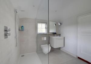 a bathroom with a toilet and a glass shower at Well Cottage in Barham +8 photos