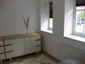1 Schlafzimmer mit einer Kommode und 2 Fenstern in der Unterkunft Ferienwohnung Anger 18 in Bad Frankenhausen