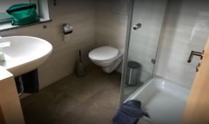 ein Bad mit einem WC, einem Waschbecken und einer Dusche in der Unterkunft Ferienwohnungen Weishaupt, Pfingstweider Str. 30 in Meckenbeuren