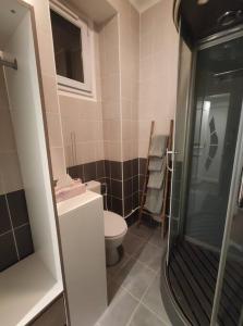 een badkamer met een toilet en een glazen douche bij Studio Le pigeonnier in Tallard