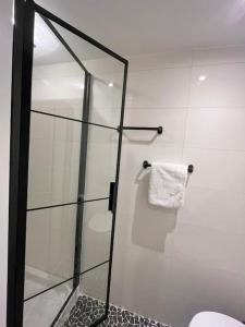 ティルブルフにあるGezellig appartement, Gerenoveerd eind 2022のバスルーム(ガラス張りのシャワーブース、トイレ付)