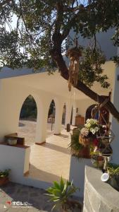 a building with an archway and a courtyard with flowers at Villa Quattro Archi in Geremeas