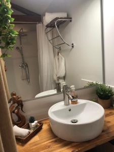 a bathroom with a sink and a mirror at L' îlot des îles in Cuxac-dʼAude
