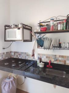cocina con fregadero y microondas en CHALÉS MARICOTA, en Vargem Bonita
