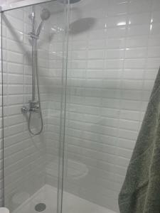een douche met een glazen deur in de badkamer bij Palmones, céntrico y acogedor in Palmones