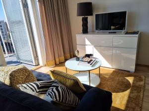 Premier Residences Helsinki في هلسنكي: غرفة معيشة مع أريكة وطاولة مع تلفزيون