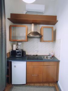 a small kitchen with a sink and a microwave at Cozy Dream Apartment in Vilnius