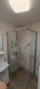 een douche met een glazen deur in de badkamer bij Apartman Staša Zlatibor in Zlatibor