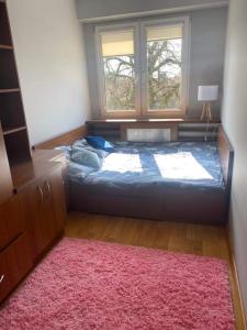 a bedroom with a bed and a window with a pink rug at Przestronny apartament in Giżycko