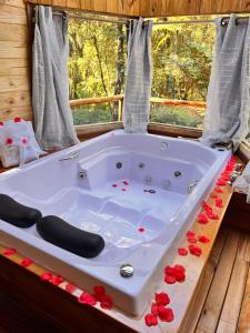 a bath tub in a room with a window at Chalé Samambaia in Campos do Jordão