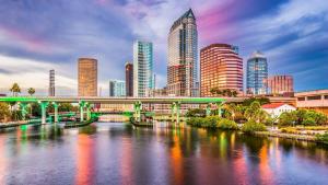 a city with a bridge over a river with tall buildings at Stylish Chic King Bed Ybor Dt in Tampa