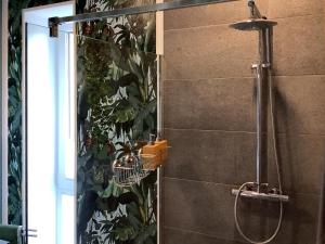 La salle de bains est pourvue d'une douche et d'une plante. dans l'établissement Komfortquartier, à Oberhausen