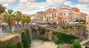 una ciudad con un puente, edificios y palmeras en Light Blue en Tropea
