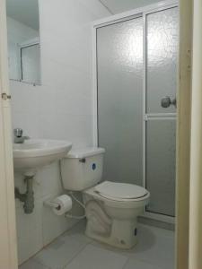 a bathroom with a toilet and a sink and a shower at XXXXXX Apartamento amoblado #FESTIVALVALLENATO, MInimo 4 noches in Valledupar