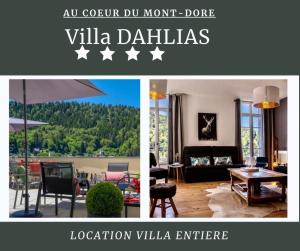 a collage of two pictures of a living room at Villa les Dahlias in Le Mont-Dore