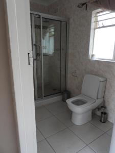 uma casa de banho com um WC e uma cabina de duche em vidro. em 2 Bed Apt with en-suite and kitchenette - 2067 em Harare