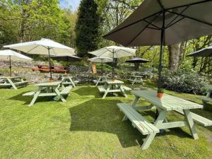 un grupo de mesas de picnic con sombrillas en la hierba en The Chequers Inn en Froggatt