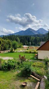 einen Garten mit einem Haus und Bergen im Hintergrund in der Unterkunft Holzjurten by JULKA - self checkin in Finkenstein