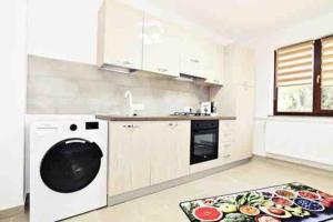 a kitchen with a sink and a washing machine at Casa Albert in Iaşi