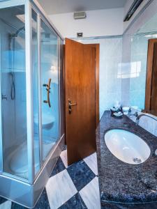La salle de bains est pourvue d'un lavabo et d'une douche. dans l'établissement Hotel Valdarno, à Montevarchi