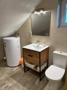 a bathroom with a sink and a toilet and a mirror at Apartament na poddaszu u Reni in Grywałd