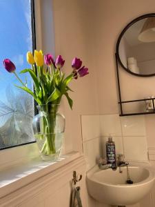 a vase of flowers sitting on a window sill next to a sink at Littlecot in Malborough