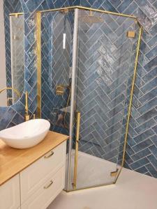 een badkamer met een douche, een wastafel en een spiegel bij Gdańsk Porto Apartments in Gdańsk