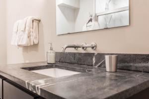 a bathroom counter with a sink and a mirror at Charlie Bird Parker Suite at Southmoreland on the Plaza in Kansas City