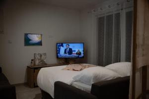 una camera con letto e TV a schermo piatto di Le Clos De L'étang Jura a Frasne