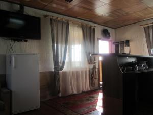 cocina con ventana con cortinas y nevera en Panorama Hills en Almaty