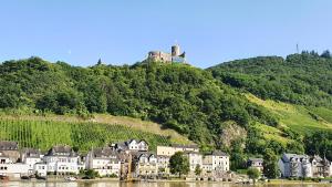Una ciudad en una colina con un castillo encima. en Ferienwohnung im Moseltal, en Veldenz