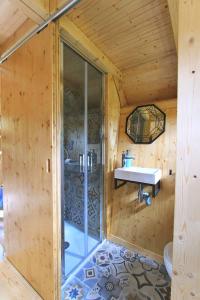 uma casa de banho com um chuveiro e um lavatório. em La cabane de Merlin em Les Molières