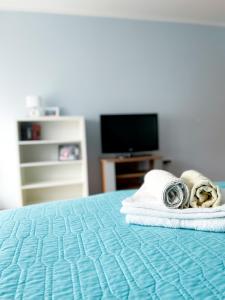 Habitación con 1 cama con toallas y TV. en Broj jedan Delux, en Soko Banja