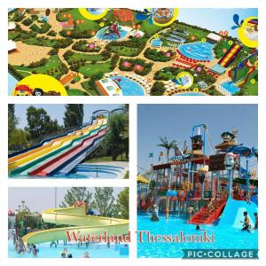 eine Collage aus vier Bildern eines Wasserparks in der Unterkunft Jozy in Peraia