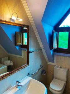 a bathroom with a sink and a mirror and a toilet at La Llosa de Sámano in Castro-Urdiales