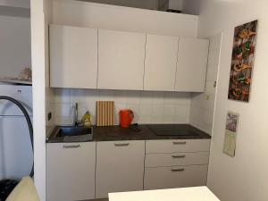 a small kitchen with white cabinets and a sink at Casa Conchiglia - Aprilia Marittima - Corte Grande in Aprilia Marittima
