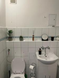 a bathroom with a toilet and a sink at Apartament Dobre Miejsce in Malbork