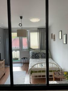 1 dormitorio con 1 cama en una habitación con ventana en Apartament Dobre Miejsce, en Malbork