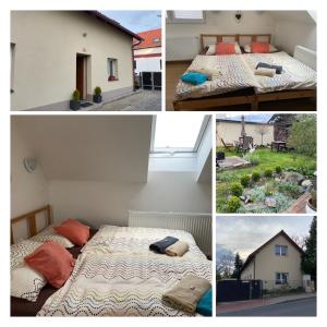 a collage of pictures of a bedroom with two beds at Rivendell Apartments in Prague