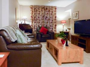 a living room with a leather couch and a tv at Wildwood Cottage in Germansweek