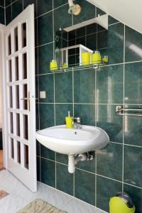 a bathroom with a sink and a green tiled wall at Arany Dió Fogadó in Eger