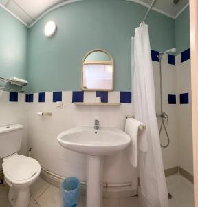 ボーモン・アン・ヴェロンにあるLe Petit Logisのバスルーム(洗面台、トイレ、鏡付)
