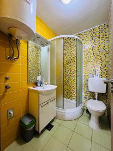 a bathroom with a toilet and a shower and a sink at Apartman Bobovik in Vir