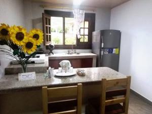 a kitchen with a counter with a sink and a refrigerator at El Rancho Viejo de José, suit de una habitación in Cusúa