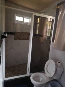 a bathroom with a toilet and a glass shower stall at El Rancho Viejo de José, suit de una habitación in Cusúa